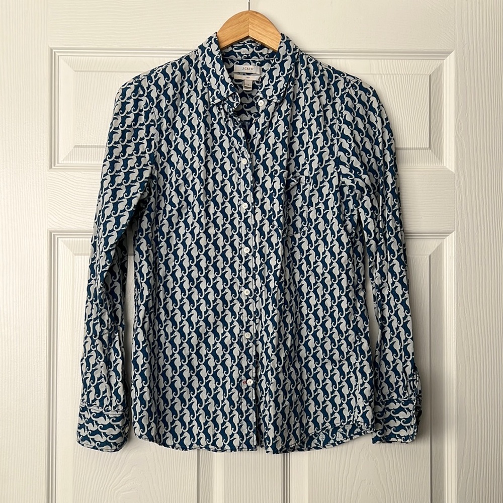 J. Crew Button down Boy cut seahorse print top